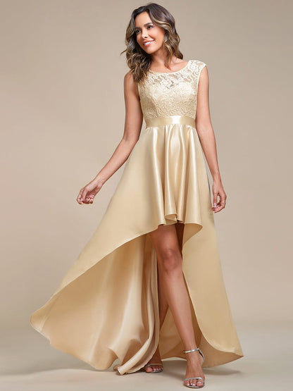 Elegant Sleeveless High-low Lace Top Wedding Guest Dress #color_Rose Gold