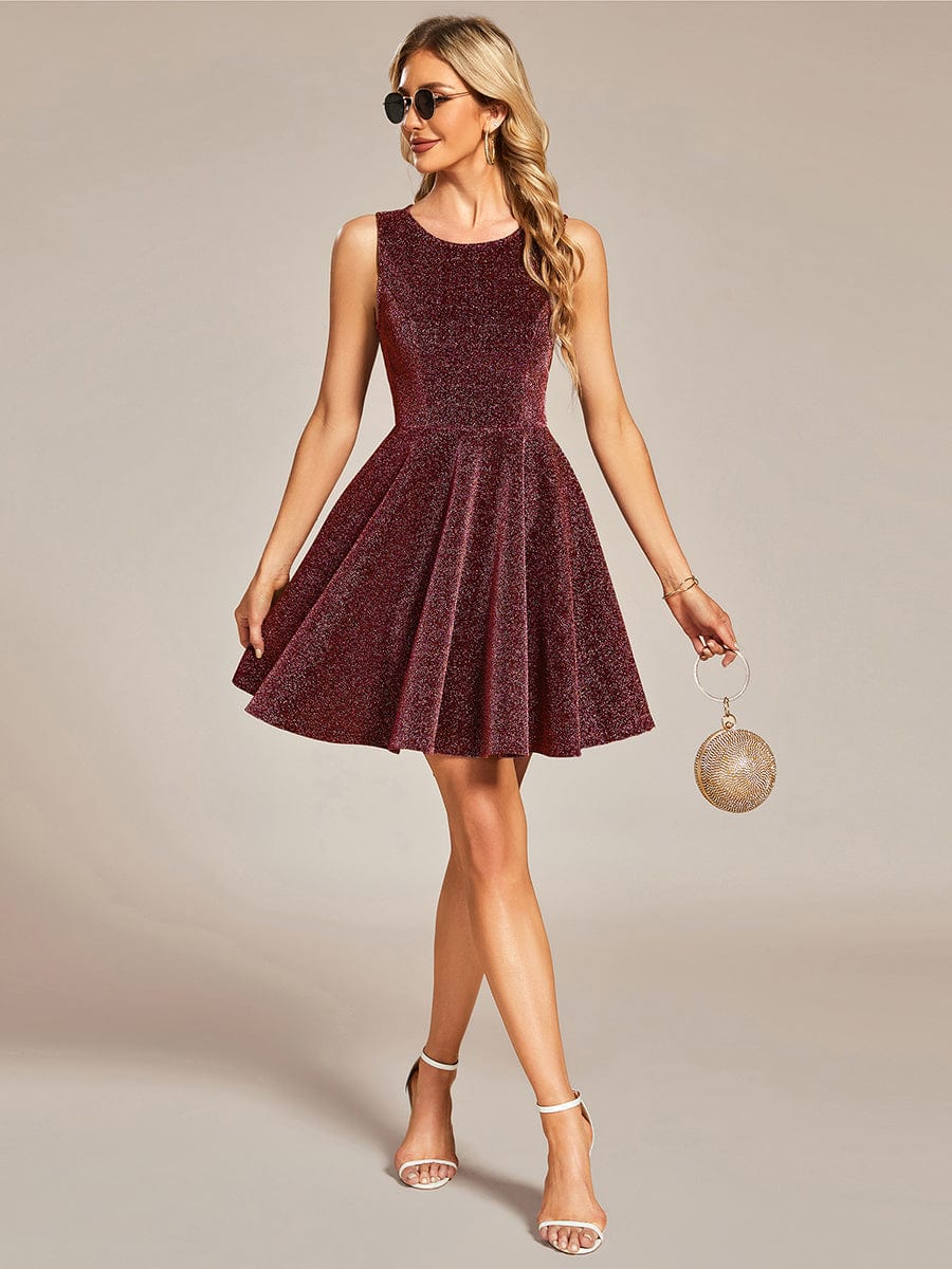 Glitter Short Round Neckline Sleeveless Wedding Guest Dress #color_Burgundy