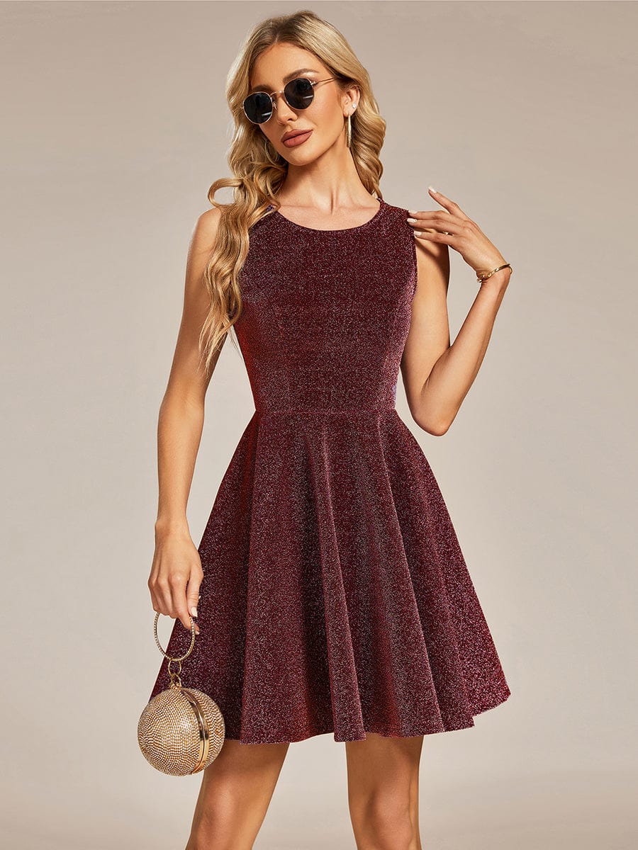 Glitter Short Round Neckline Sleeveless Wedding Guest Dress #color_Burgundy