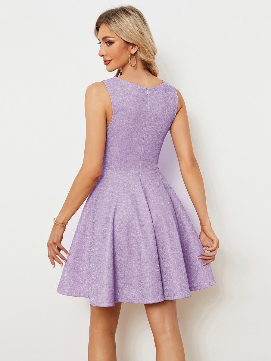 Glitter Short Round Neckline Sleeveless Wedding Guest Dress #color_Lavender