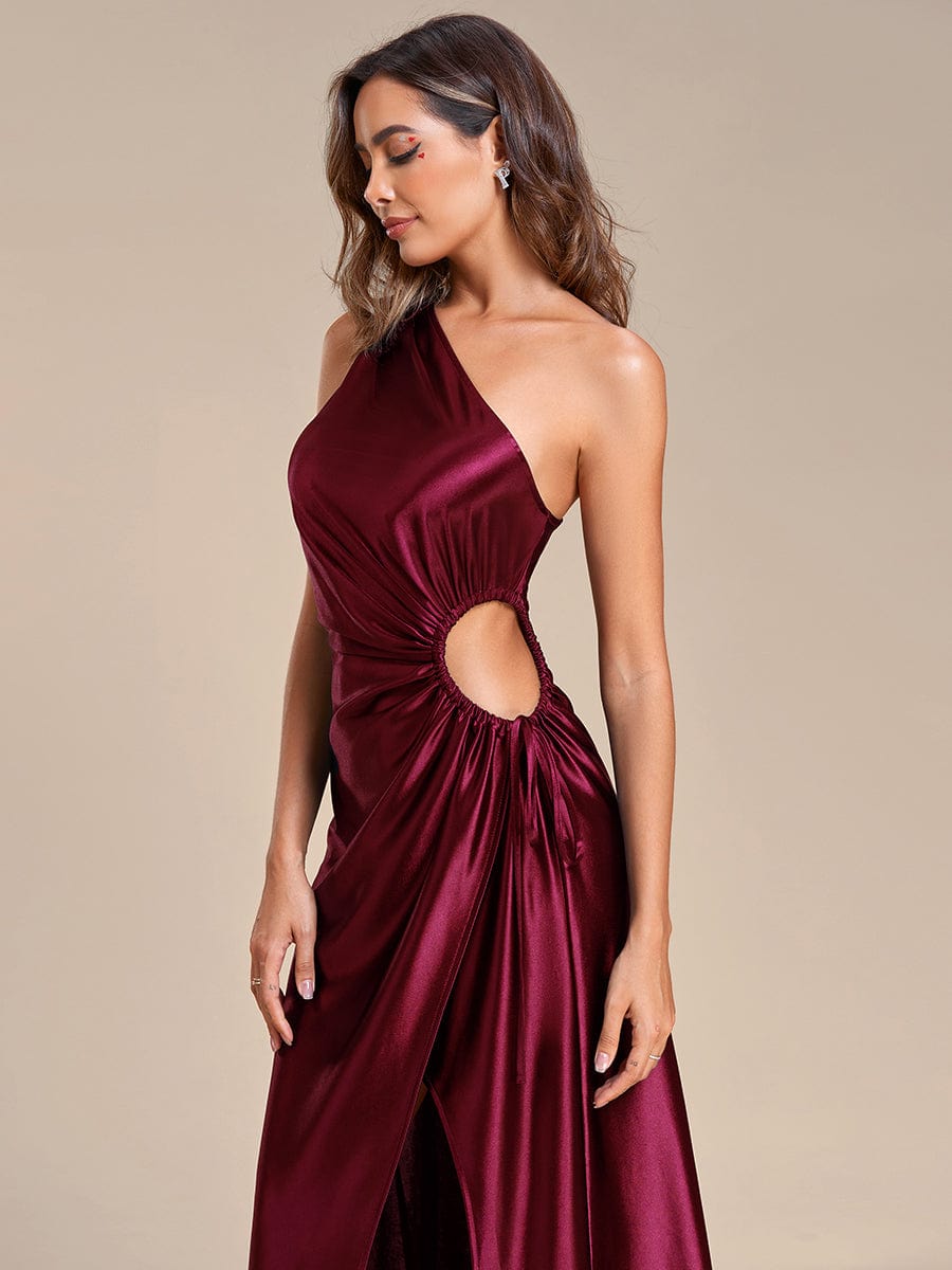 One Shoulder Elastic side waistband with hollow-out Satin Wedding Guest Dresses  #color_Burgundy