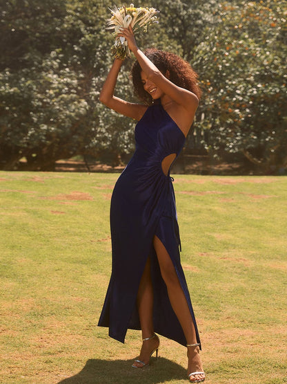 One Shoulder Elastic side waistband with hollow-out Satin Wedding Guest Dresses #color_Navy Blue