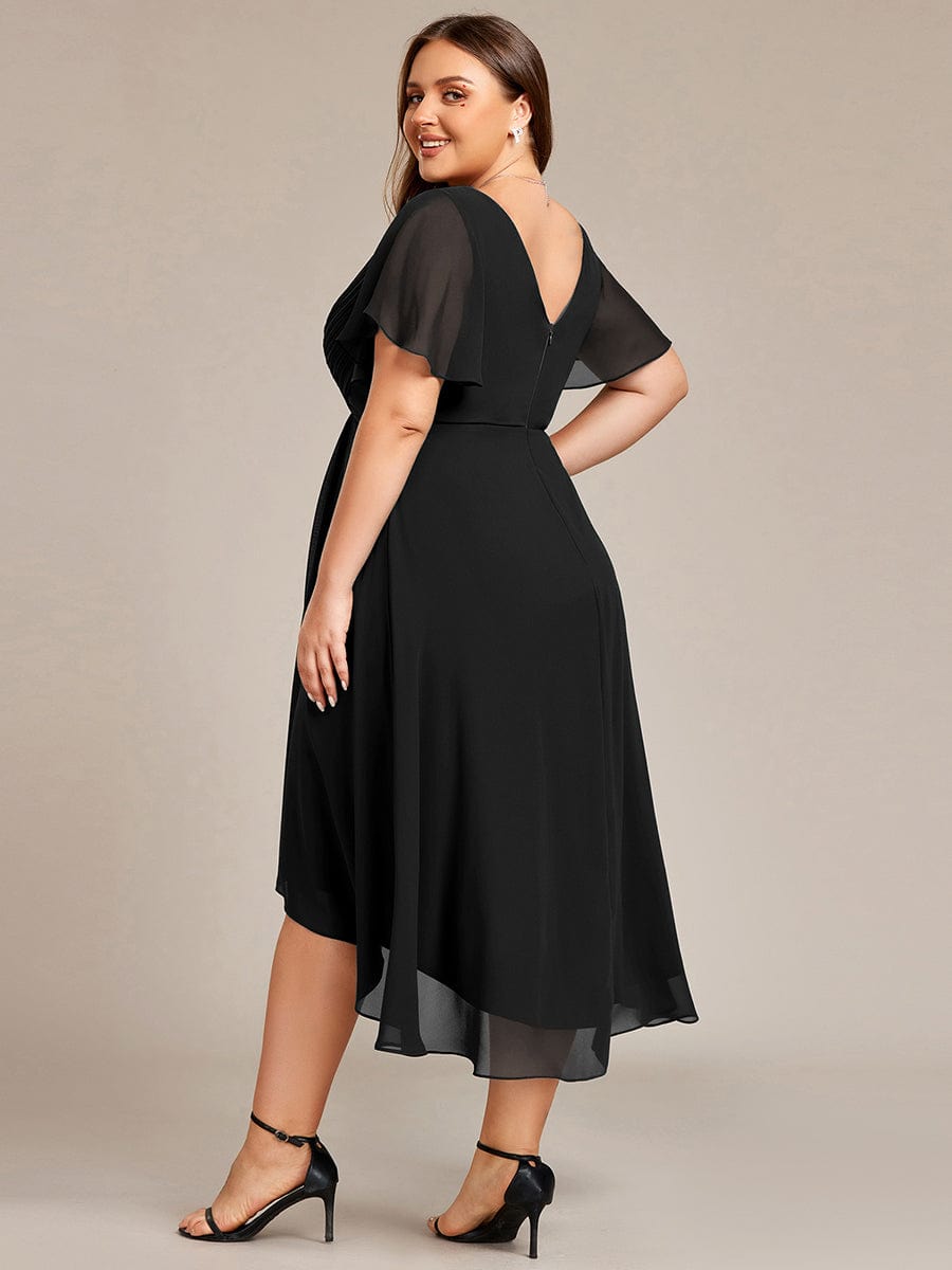 Chic V Neck Asymmetrical Hem Ruffles Sleeve Pleated Chiffon Wedding Guest Dress #color_Black