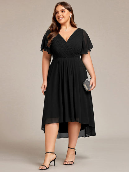 Chic V Neck Asymmetrical Hem Ruffles Sleeve Pleated Chiffon Wedding Guest Dress #color_Black