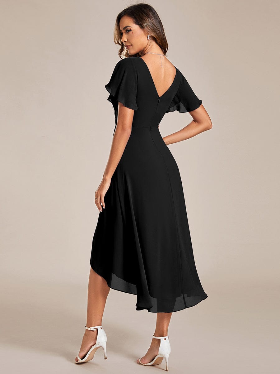 Chic V Neck Asymmetrical Hem Ruffles Sleeve Pleated Chiffon Wedding Guest Dress #color_Black