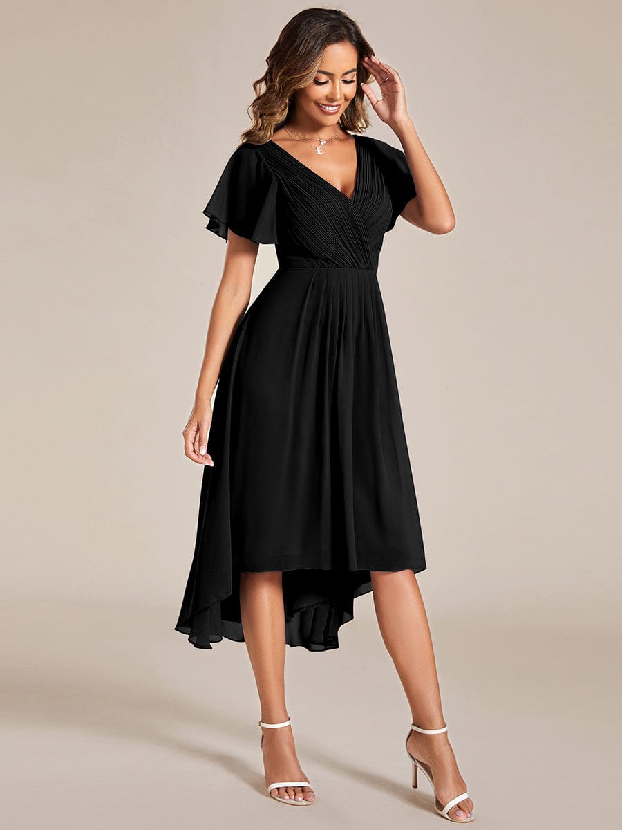 Chic V Neck Asymmetrical Hem Ruffles Sleeve Pleated Chiffon Wedding Guest Dress #color_Black