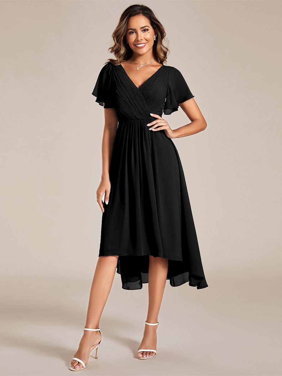 Chic V Neck Asymmetrical Hem Ruffles Sleeve Pleated Chiffon Wedding Guest Dress #color_Black