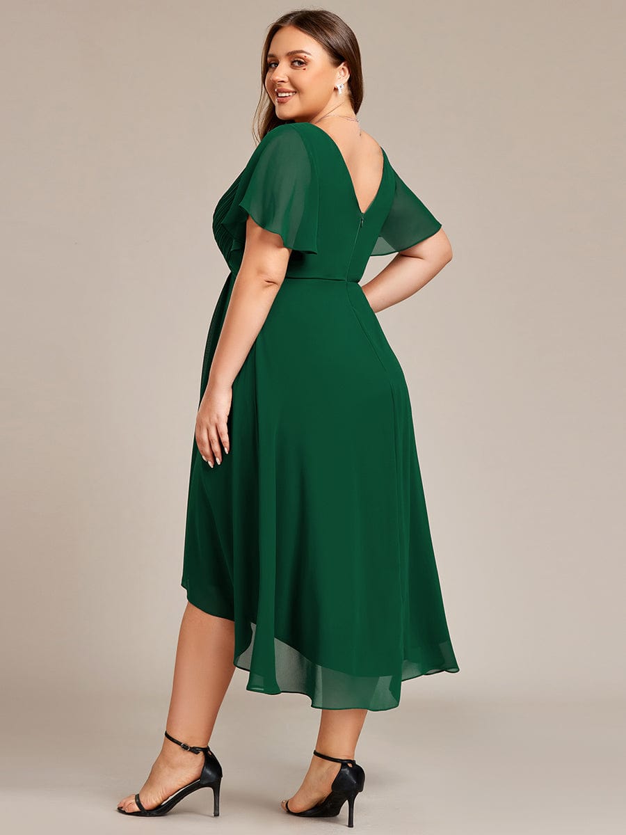 Chic V Neck Asymmetrical Hem Ruffles Sleeve Pleated Chiffon Wedding Guest Dress #color_Dark Green