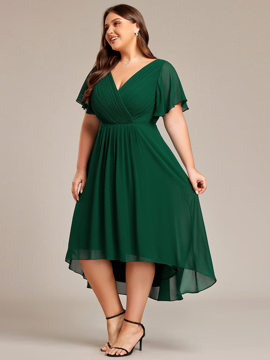 Chic V Neck Asymmetrical Hem Ruffles Sleeve Pleated Chiffon Wedding Guest Dress #color_Dark Green