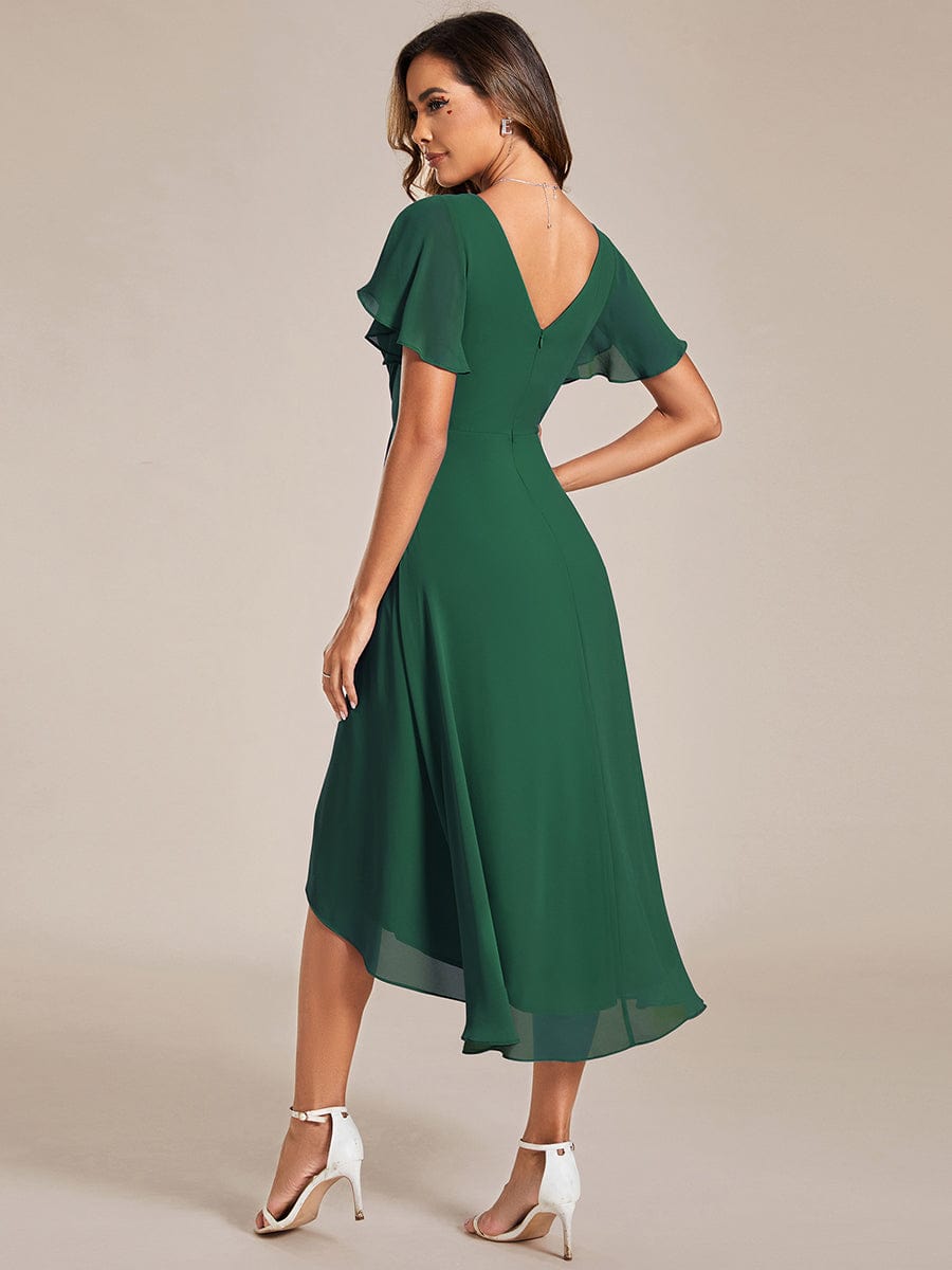 Chic V Neck Asymmetrical Hem Ruffles Sleeve Pleated Chiffon Wedding Guest Dress #color_Dark Green