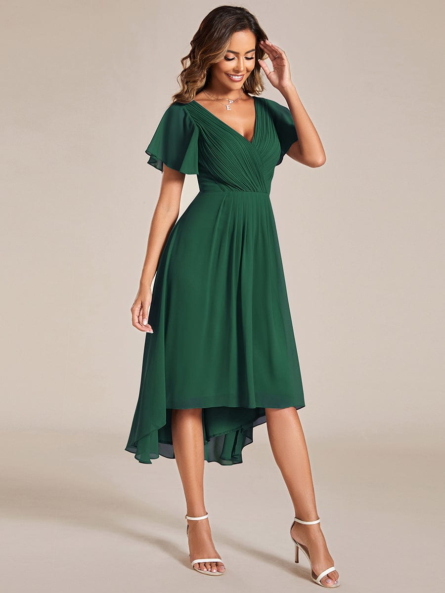 Chic V Neck Asymmetrical Hem Ruffles Sleeve Pleated Chiffon Wedding Guest Dress #color_Dark Green