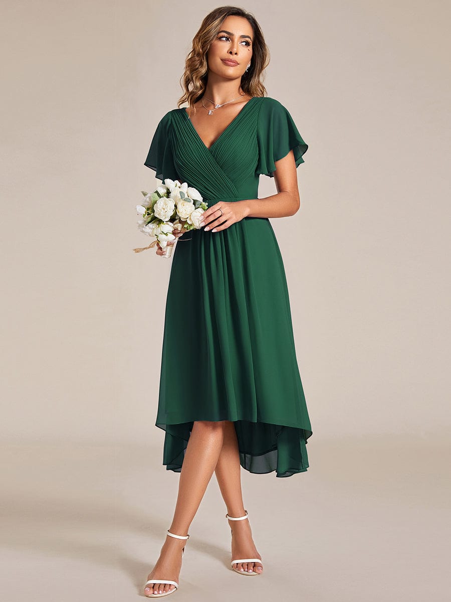 Chic V Neck Asymmetrical Hem Ruffles Sleeve Pleated Chiffon Wedding Guest Dress #color_Dark Green