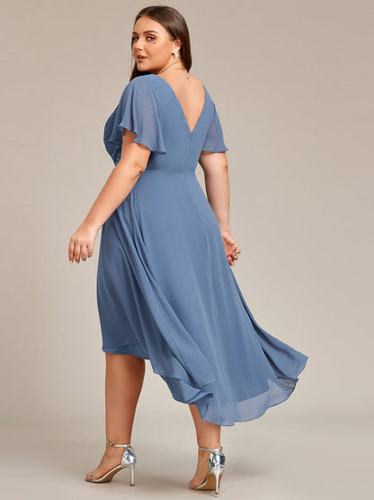 Chic V Neck Asymmetrical Hem Ruffles Sleeve Pleated Chiffon Wedding Guest Dress #color_Dusty Navy