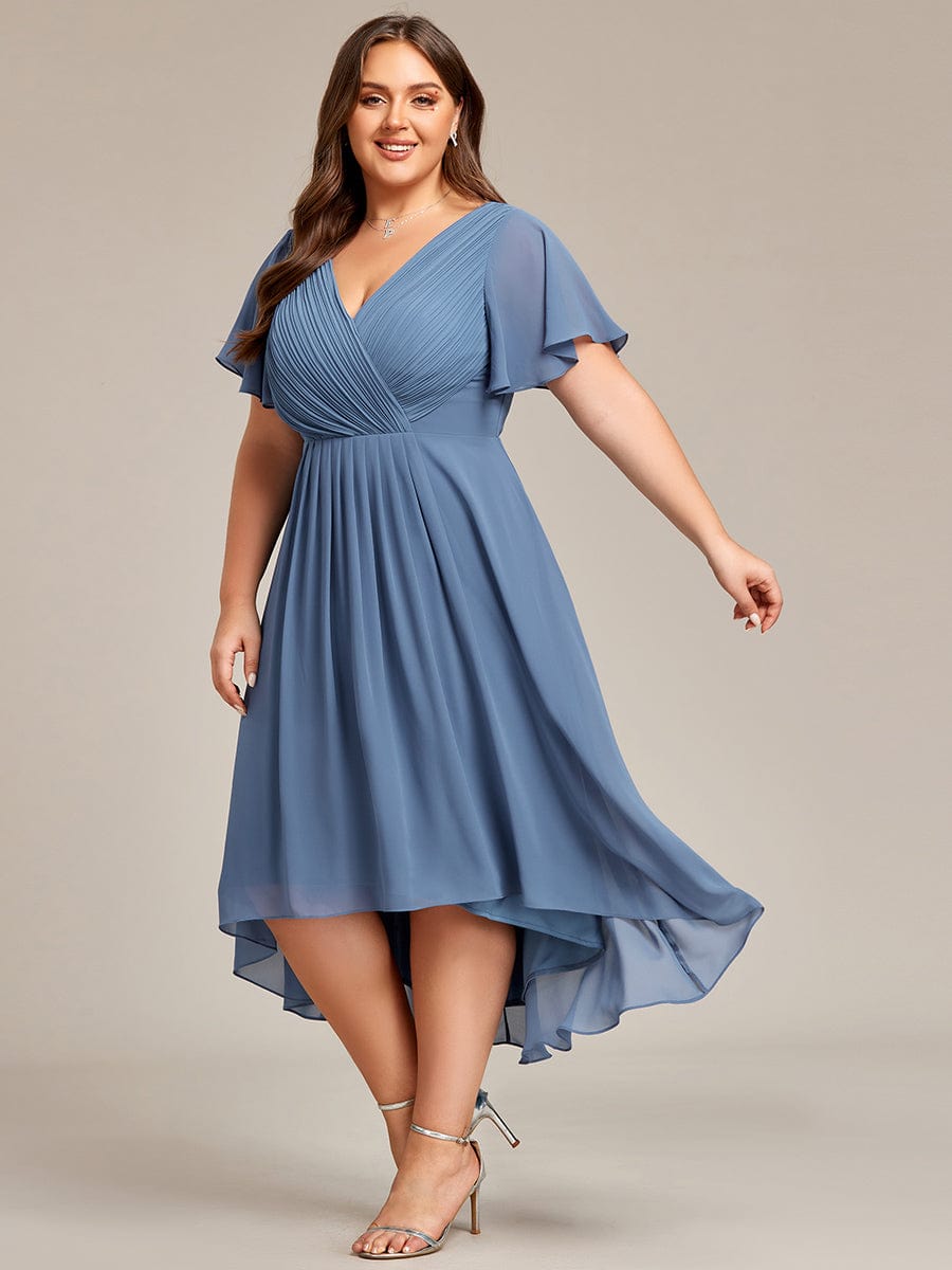 Chic V Neck Asymmetrical Hem Ruffles Sleeve Pleated Chiffon Wedding Guest Dress #color_Dusty Navy