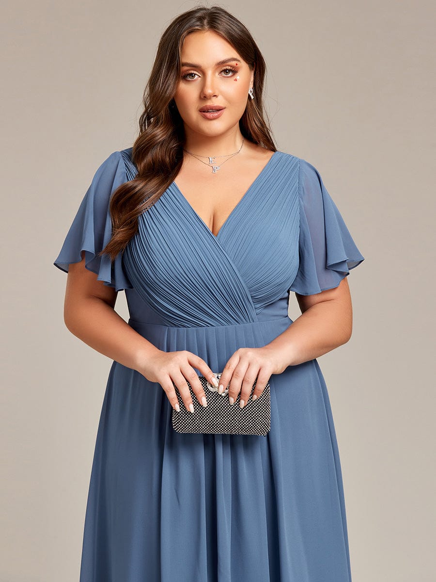 Chic V Neck Asymmetrical Hem Ruffles Sleeve Pleated Chiffon Wedding Guest Dress #color_Dusty Navy