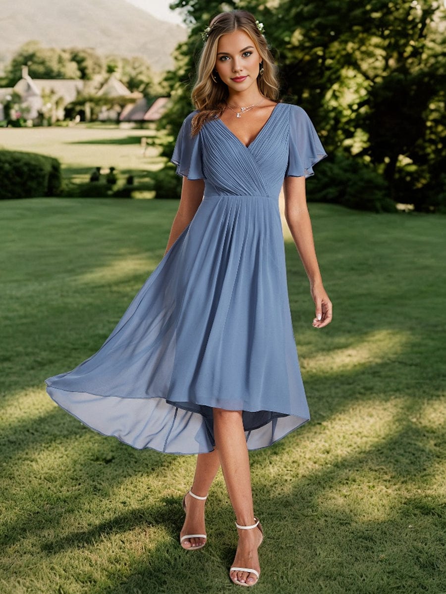 Chic V Neck Asymmetrical Hem Ruffles Sleeve Pleated Chiffon Wedding Guest Dress #color_Dusty Navy