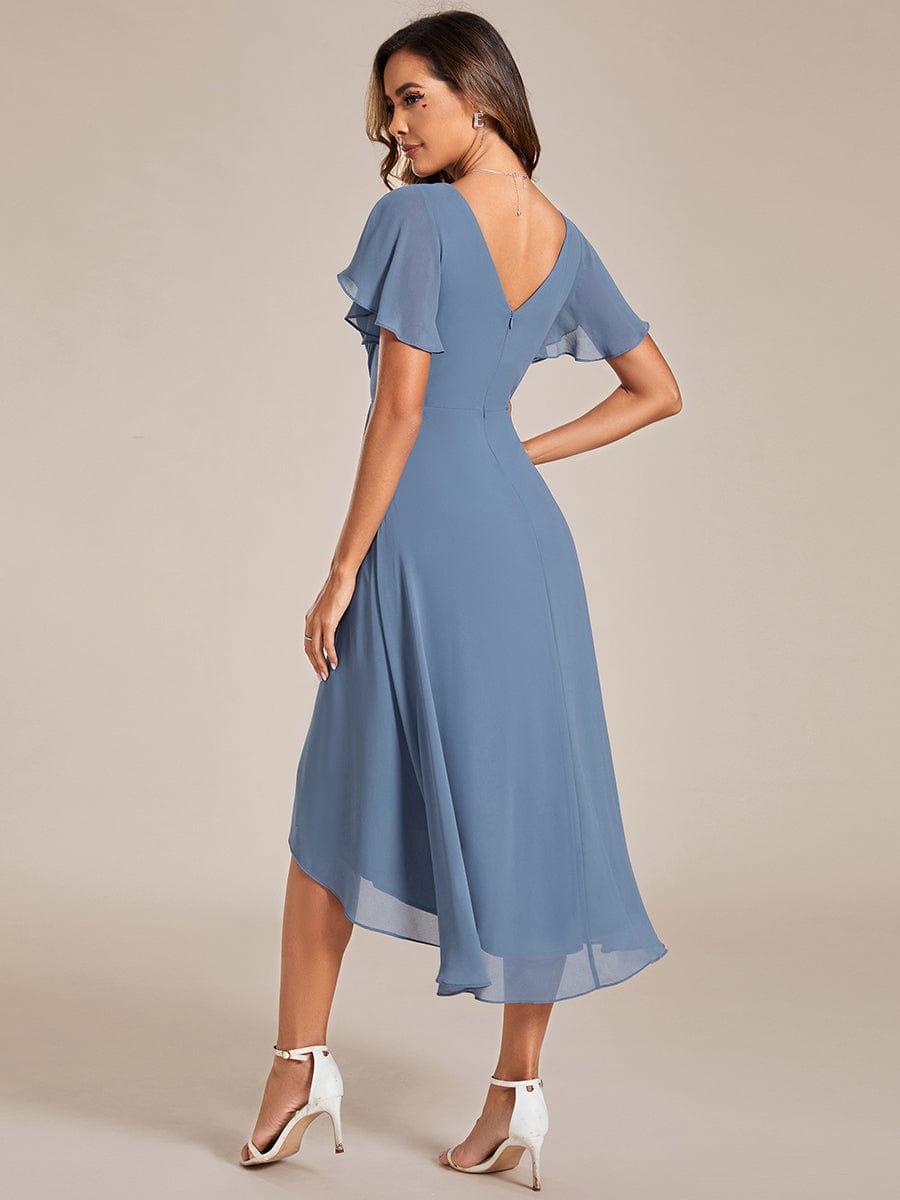 Chic V Neck Asymmetrical Hem Ruffles Sleeve Pleated Chiffon Wedding Guest Dress #color_Dusty Navy