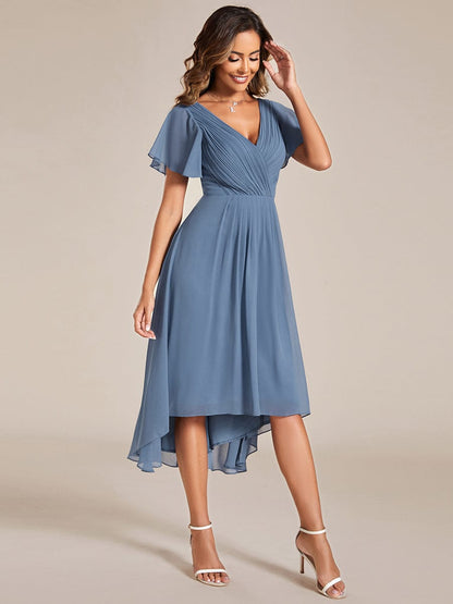 Chic V Neck Asymmetrical Hem Ruffles Sleeve Pleated Chiffon Wedding Guest Dress #color_Dusty Navy