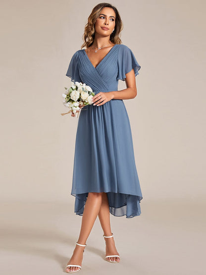 Chic V Neck Asymmetrical Hem Ruffles Sleeve Pleated Chiffon Wedding Guest Dress #color_Dusty Navy