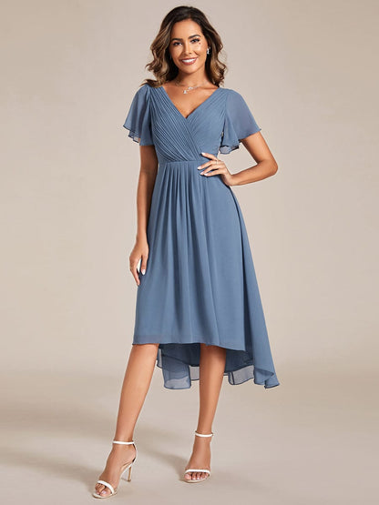 Chic V Neck Asymmetrical Hem Ruffles Sleeve Pleated Chiffon Wedding Guest Dress #color_Dusty Navy