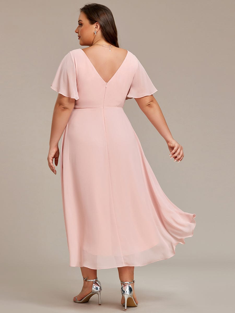 Chic V Neck Asymmetrical Hem Ruffles Sleeve Pleated Chiffon Wedding Guest Dress #color_Pink