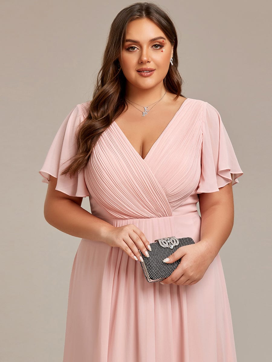 Chic V Neck Asymmetrical Hem Ruffles Sleeve Pleated Chiffon Wedding Guest Dress #color_Pink