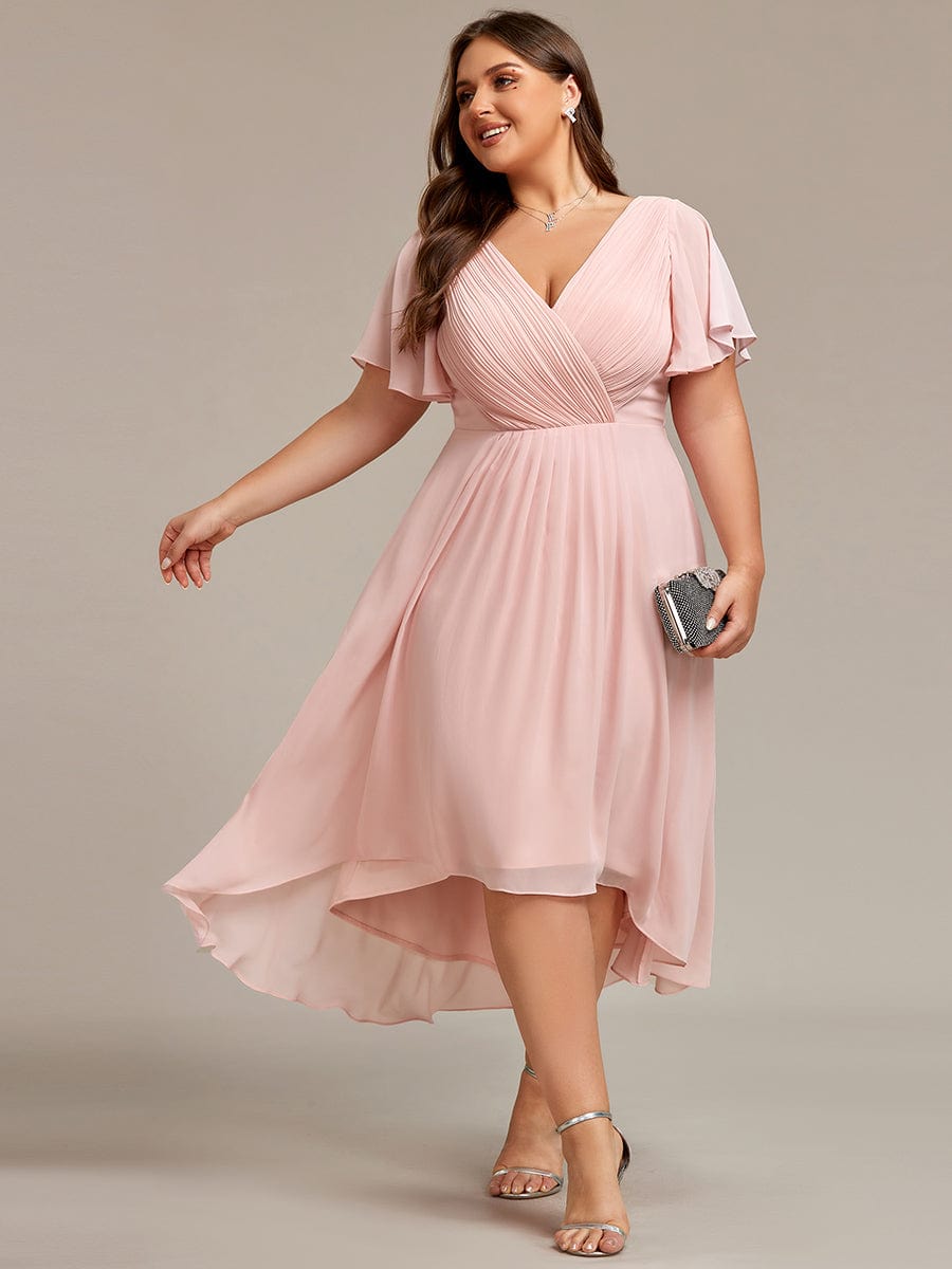 Chic V Neck Asymmetrical Hem Ruffles Sleeve Pleated Chiffon Wedding Guest Dress #color_Pink