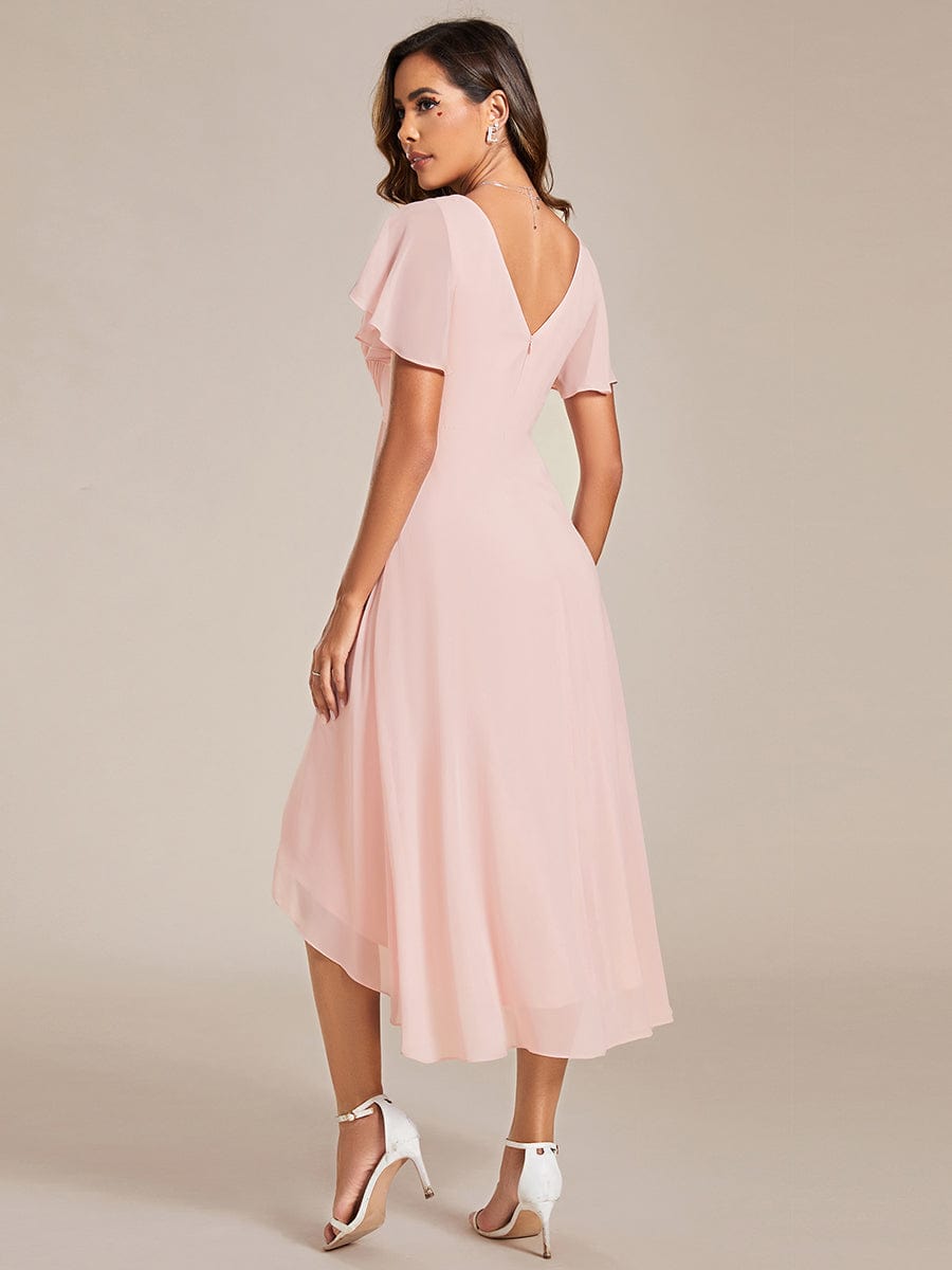 Chic V Neck Asymmetrical Hem Ruffles Sleeve Pleated Chiffon Wedding Guest Dress #color_Pink