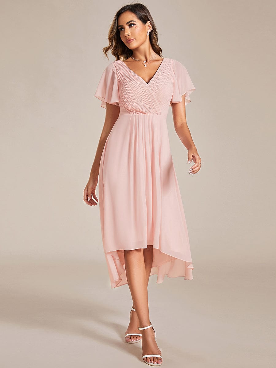 Chic V Neck Asymmetrical Hem Ruffles Sleeve Pleated Chiffon Wedding Guest Dress #color_Pink