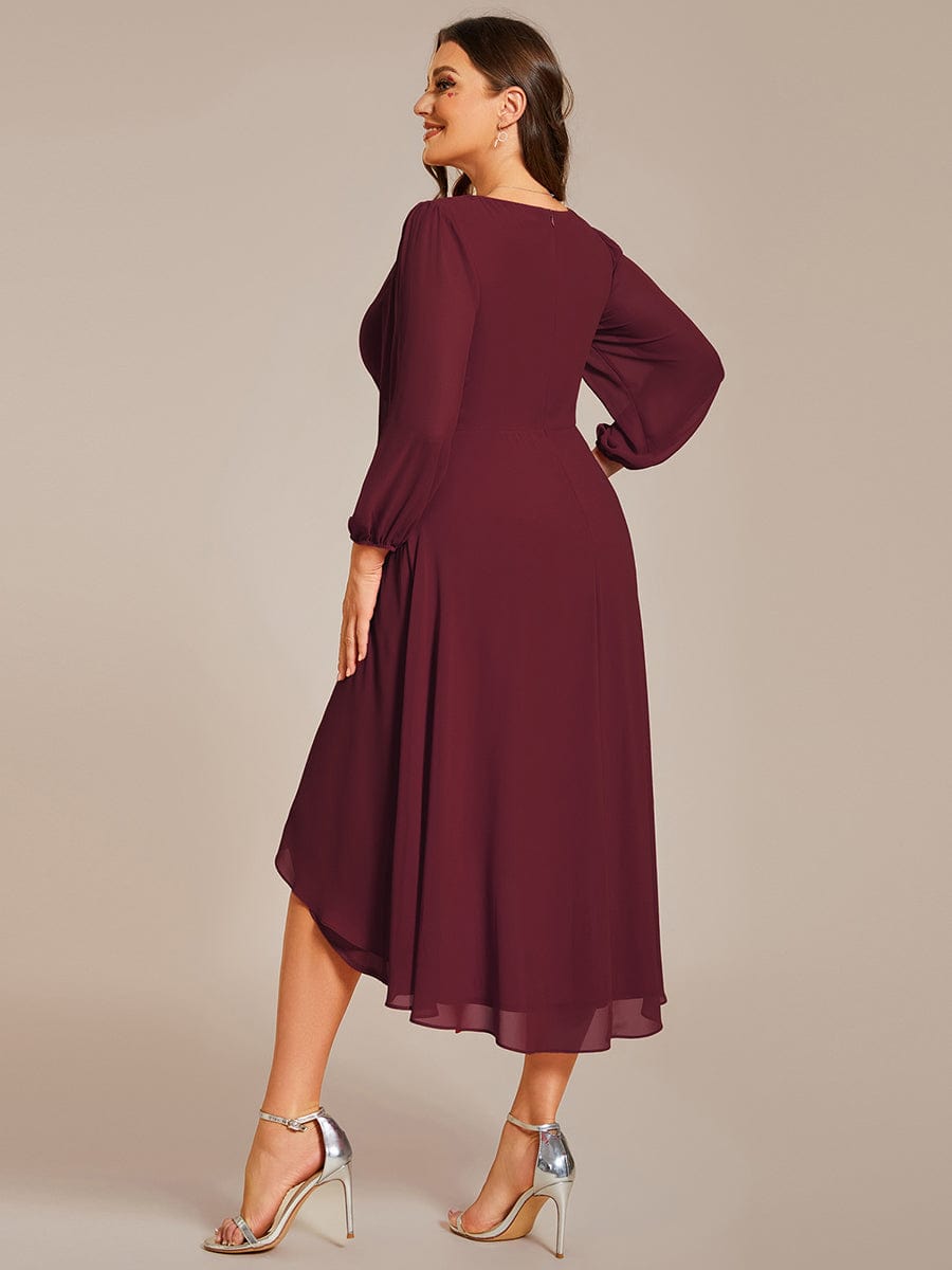 Long Sleeves Asymmetrical Hem A-Line Midi Wedding Guest Dress #color_Burgundy