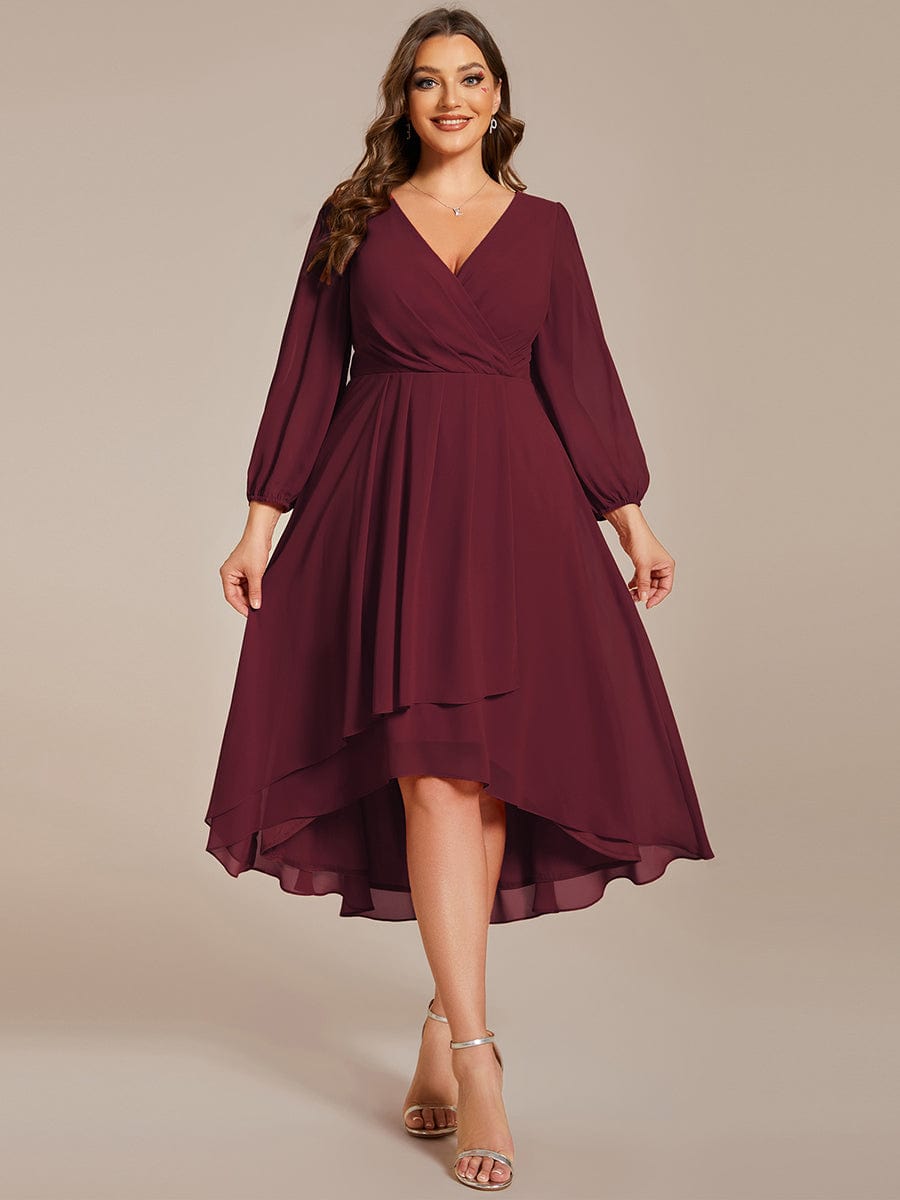 Plus Size Chiffon A-Line Long Sleeves Asymmetrical Hem Wedding Guest Dress #color_Burgundy