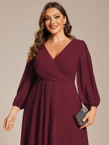 Long Sleeves Asymmetrical Hem A-Line Midi Wedding Guest Dress #color_Burgundy