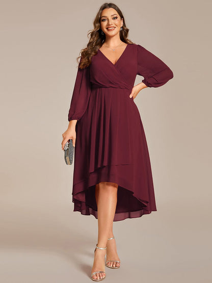 Long Sleeves Asymmetrical Hem A-Line Midi Wedding Guest Dress #color_Burgundy