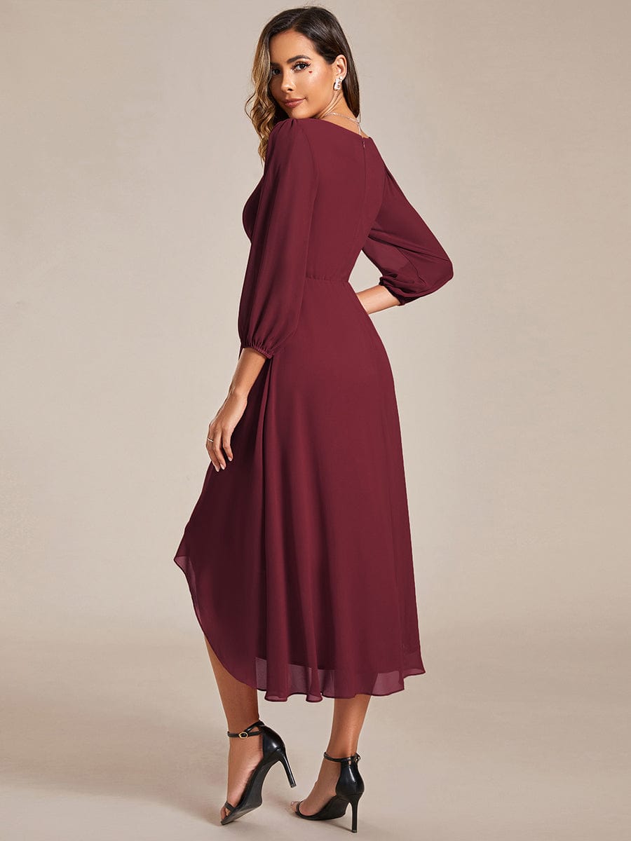 Long Sleeves Asymmetrical Hem A-Line Midi Wedding Guest Dress #color_Burgundy