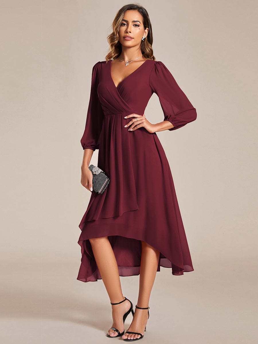 Long Sleeves Asymmetrical Hem A-Line Midi Wedding Guest Dress #color_Burgundy