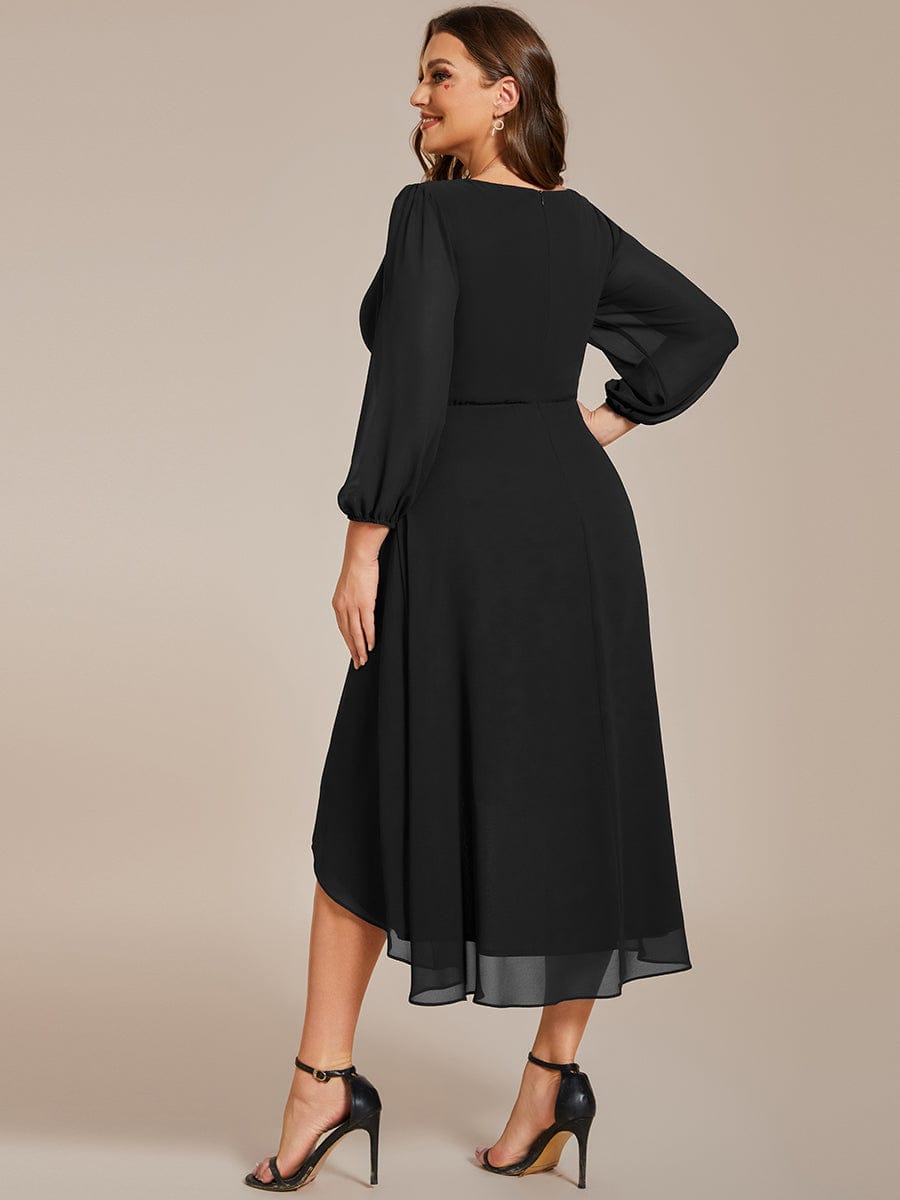 Long Sleeves Asymmetrical Hem A-Line Midi Wedding Guest Dress #color_Black