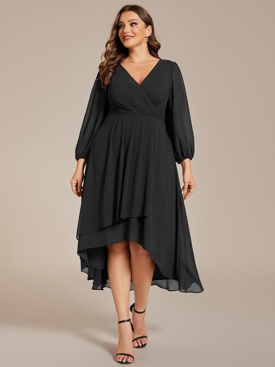 Plus Size Chiffon A-Line Long Sleeves Asymmetrical Hem Wedding Guest Dress #color_Black