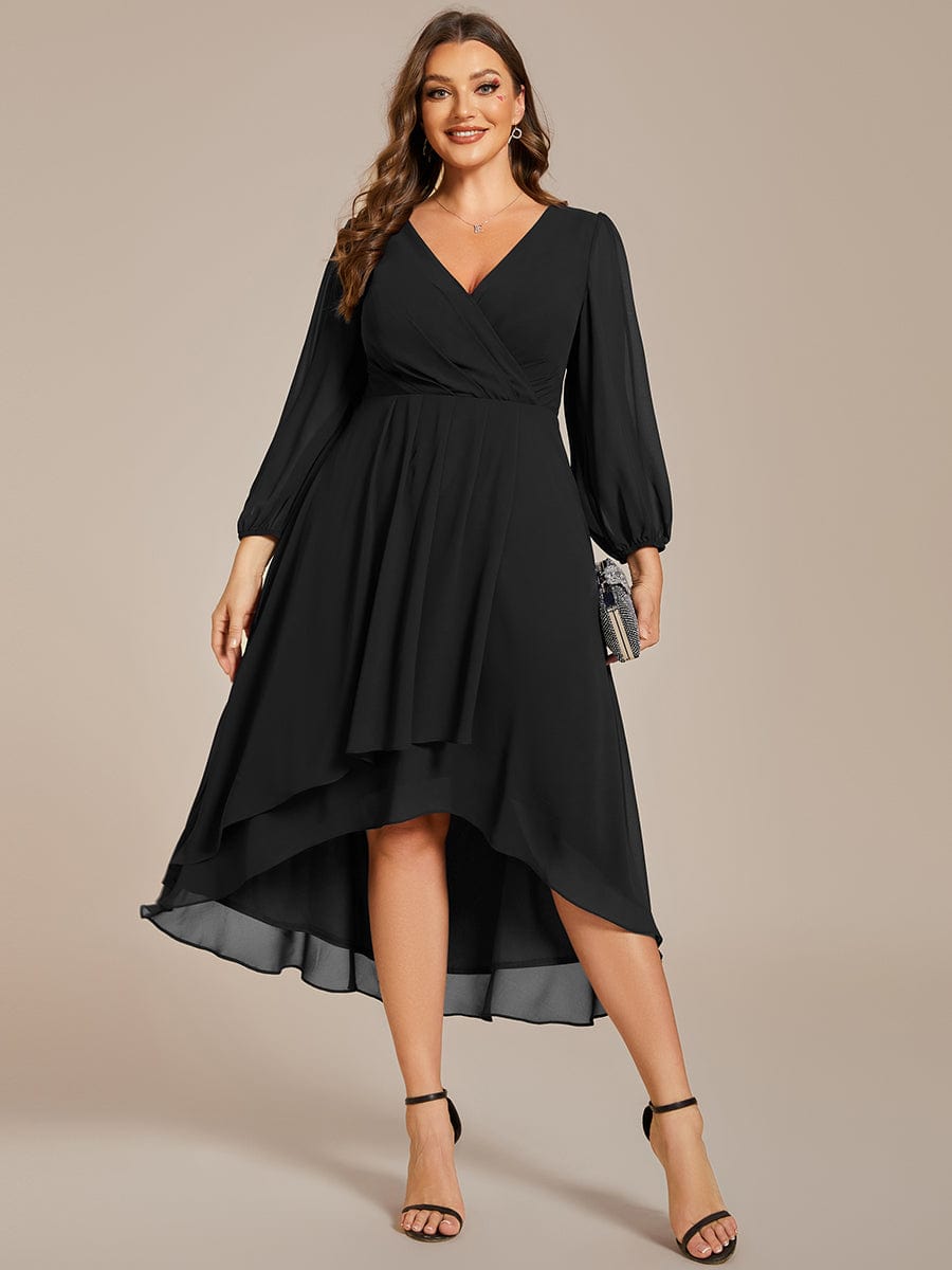 Long Sleeves Asymmetrical Hem A-Line Midi Wedding Guest Dress #color_Black