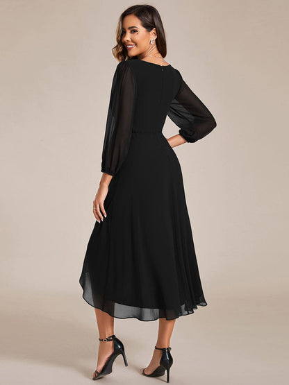 Long Sleeves Asymmetrical Hem A-Line Midi Wedding Guest Dress #color_Black