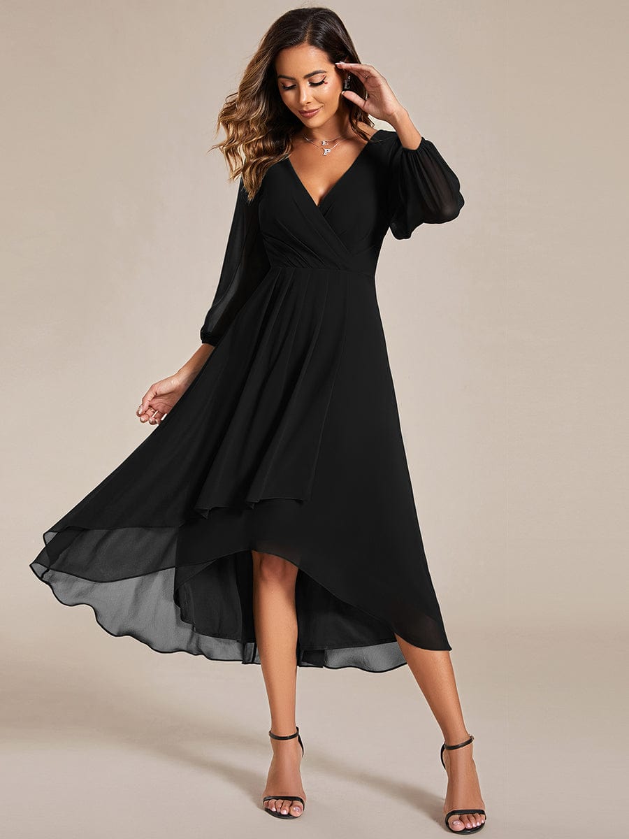 Long Sleeves Asymmetrical Hem A-Line Midi Wedding Guest Dress #color_Black