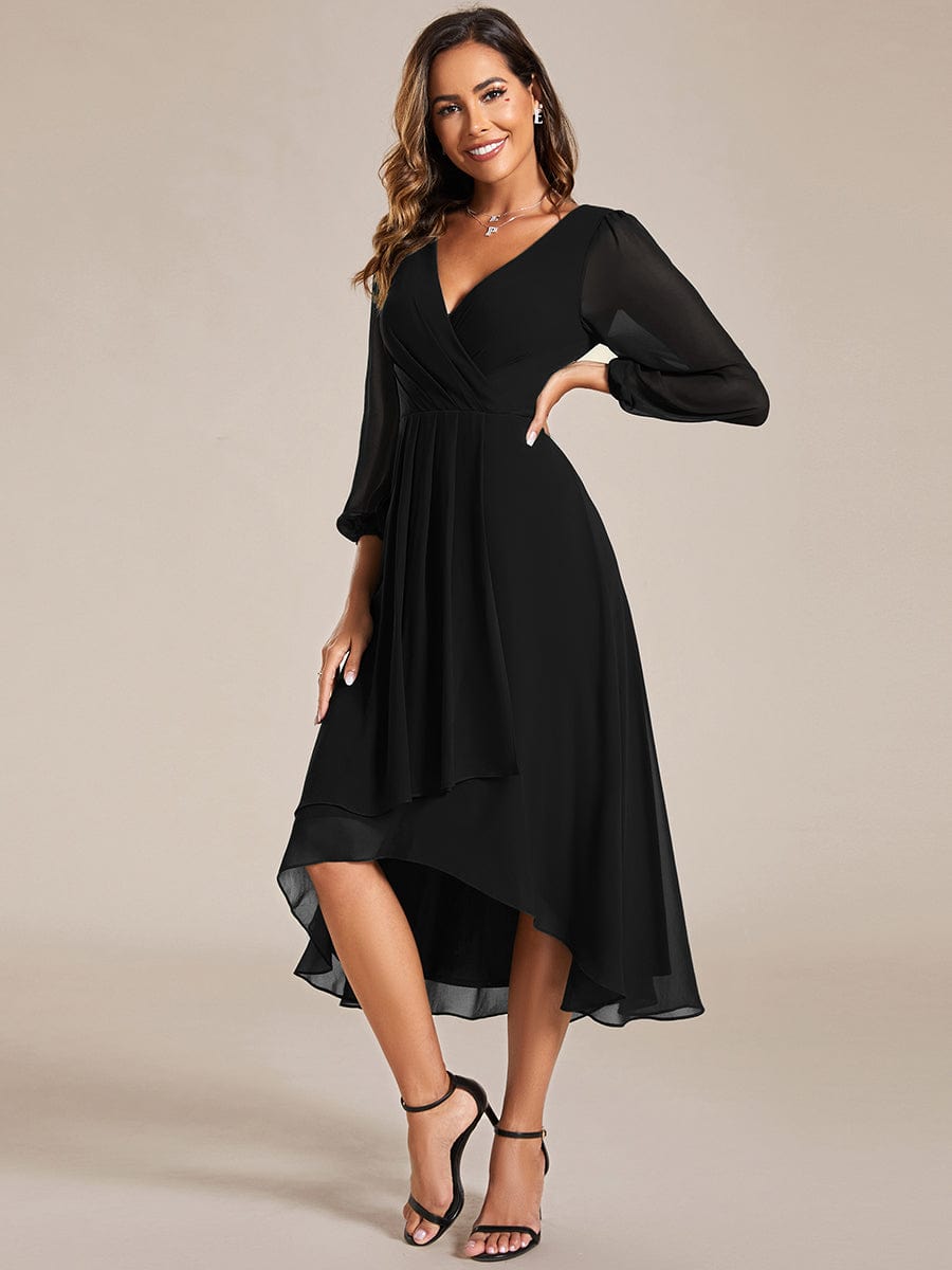 Long Sleeves Asymmetrical Hem A-Line Midi Wedding Guest Dress #color_Black