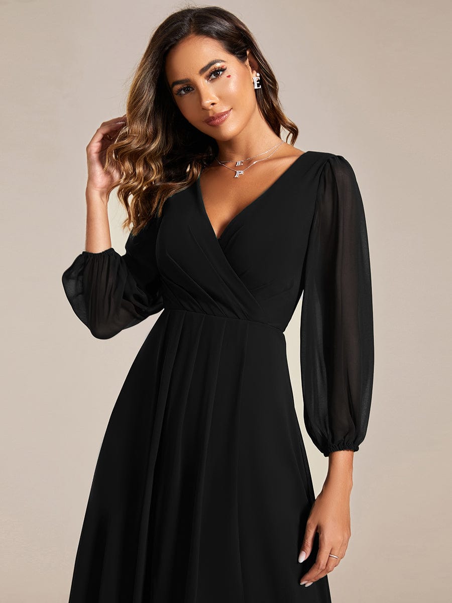 Long Sleeves Asymmetrical Hem A-Line Midi Wedding Guest Dress #color_Black