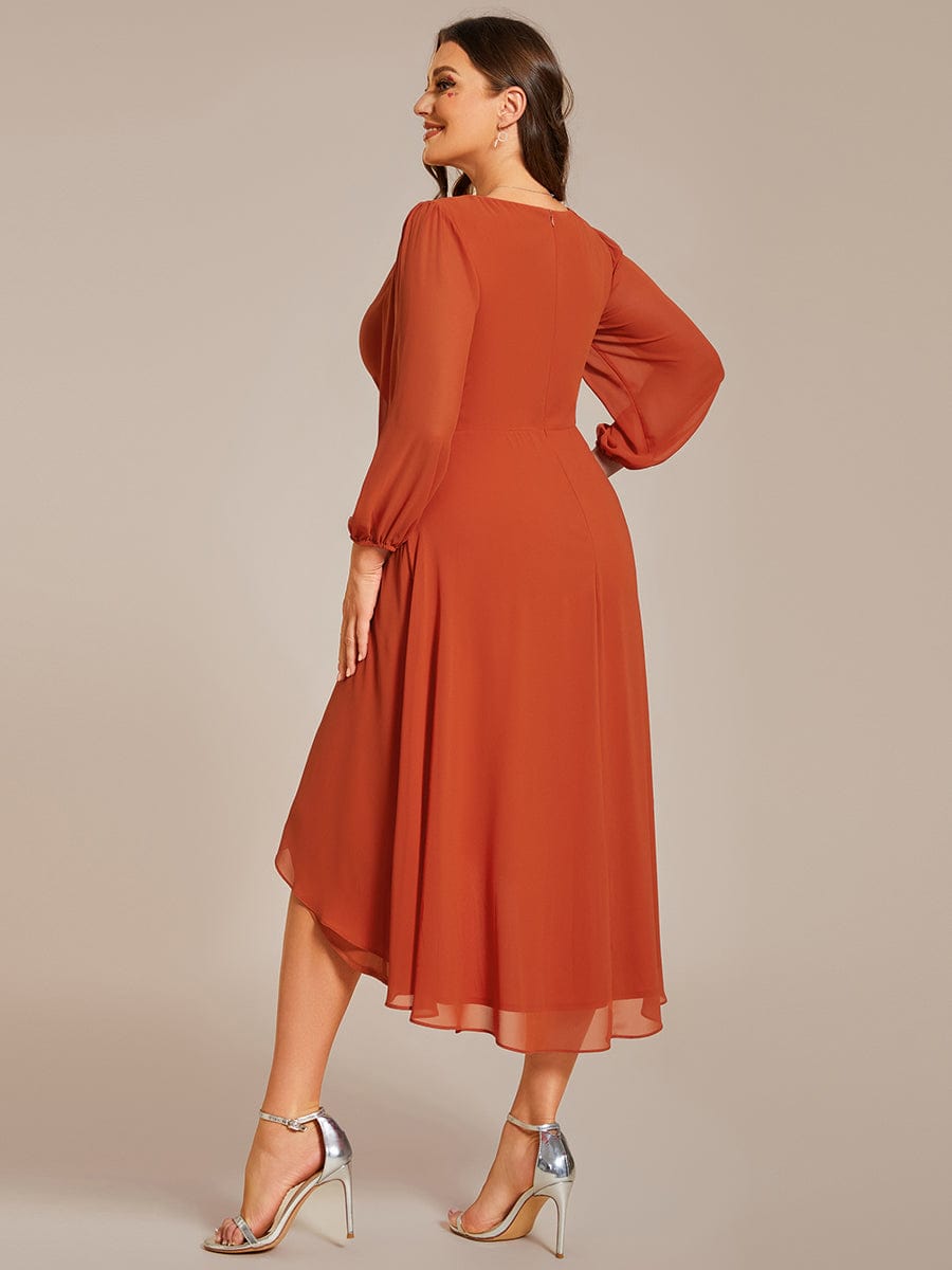 Long Sleeves Asymmetrical Hem A-Line Midi Wedding Guest Dress #color_Burnt Orange