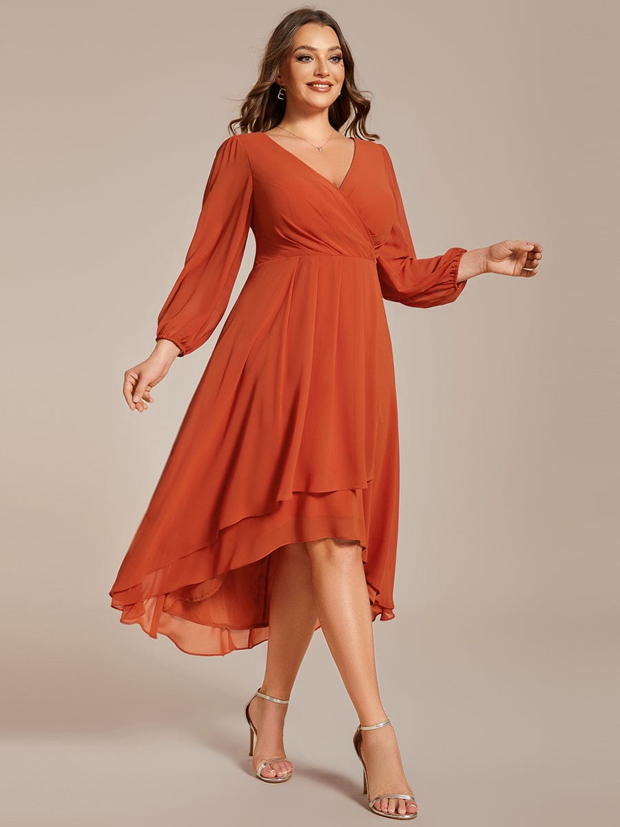 Plus Size Chiffon A-Line Long Sleeves Asymmetrical Hem Wedding Guest Dress #color_Burnt Orange