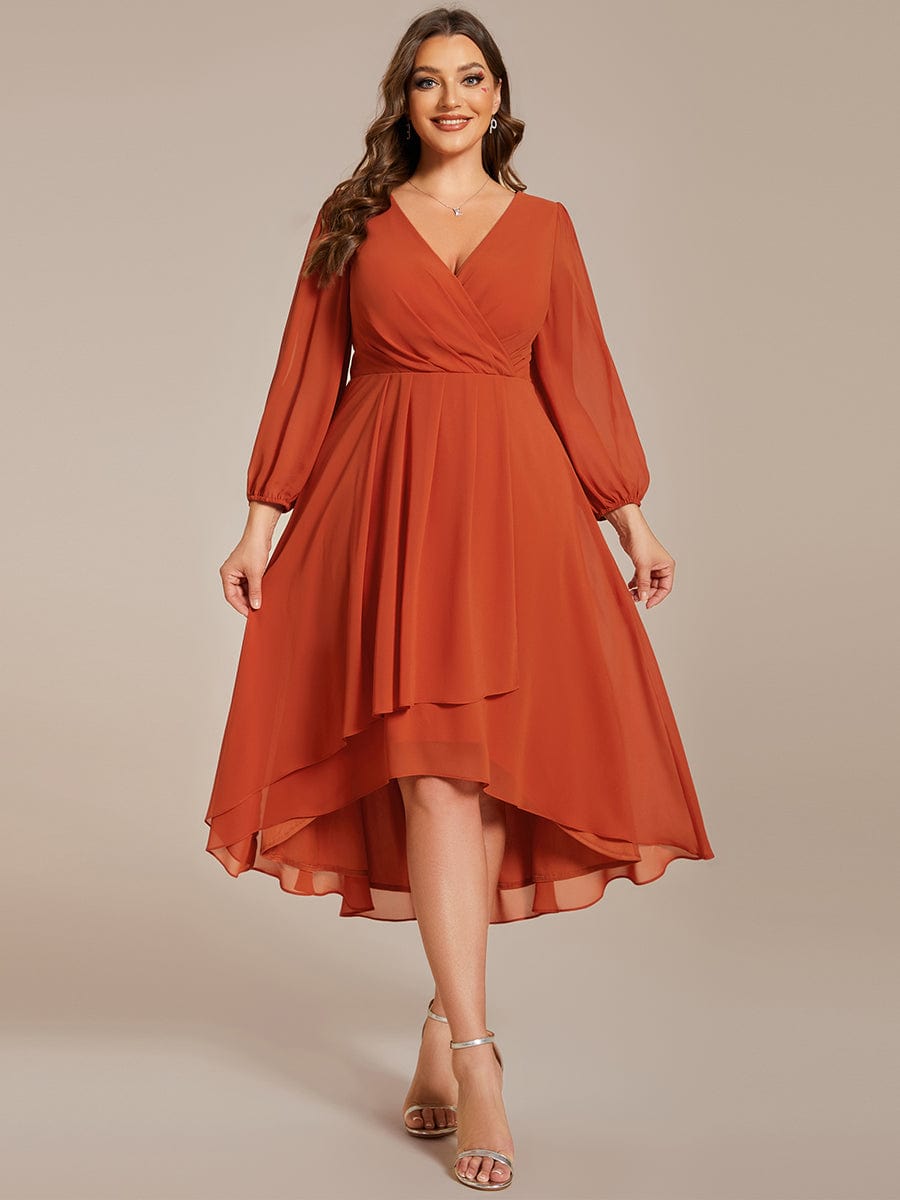 Plus Size Chiffon A-Line Long Sleeves Asymmetrical Hem Wedding Guest Dress #color_Burnt Orange