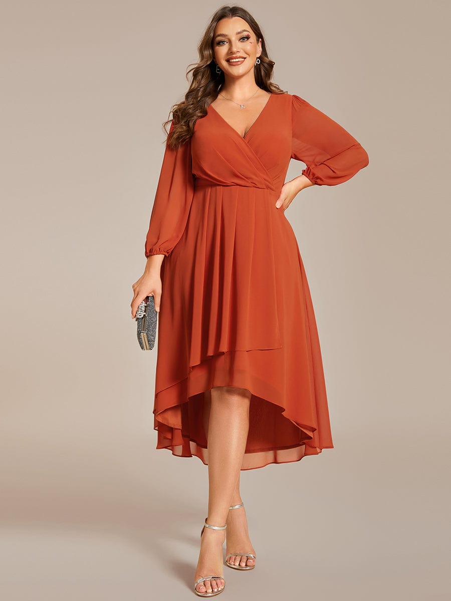 Plus Size Chiffon A-Line Long Sleeves Asymmetrical Hem Wedding Guest Dress #color_Burnt Orange