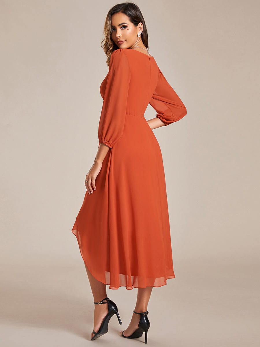 Long Sleeves Asymmetrical Hem A-Line Midi Wedding Guest Dress #color_Burnt Orange