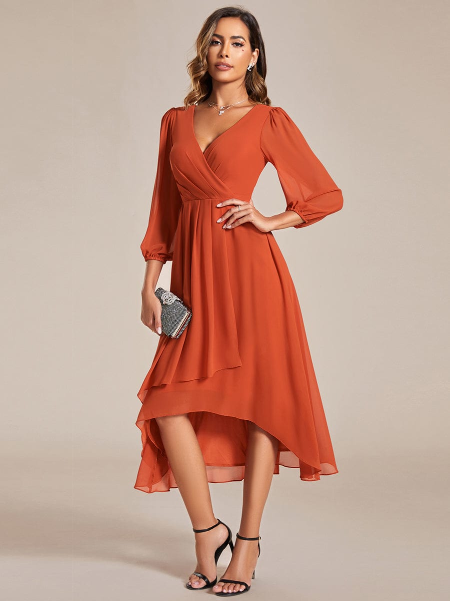 Long Sleeves Asymmetrical Hem A-Line Midi Wedding Guest Dress #color_Burnt Orange