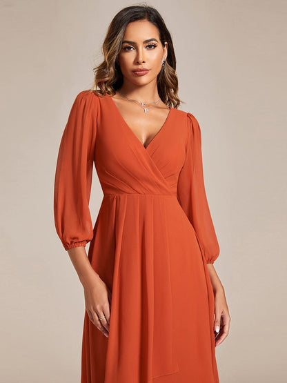 Long Sleeves Asymmetrical Hem A-Line Midi Wedding Guest Dress #color_Burnt Orange