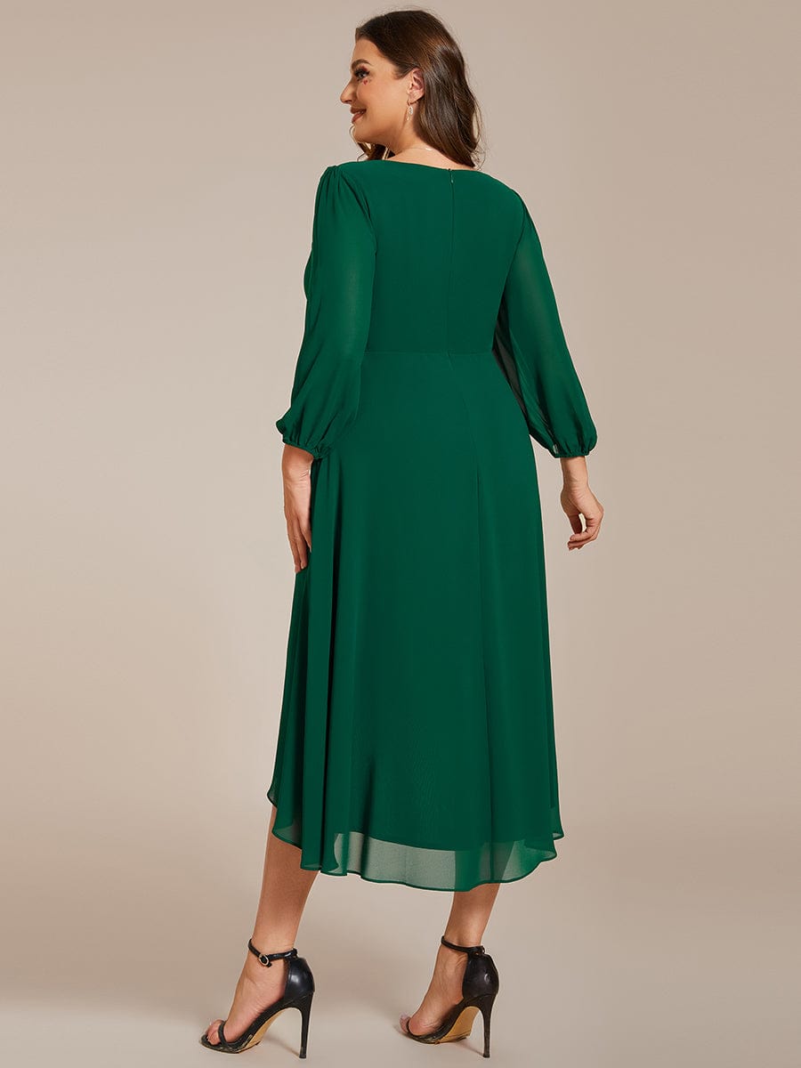 Long Sleeves Asymmetrical Hem A-Line Midi Wedding Guest Dress #color_Dark Green